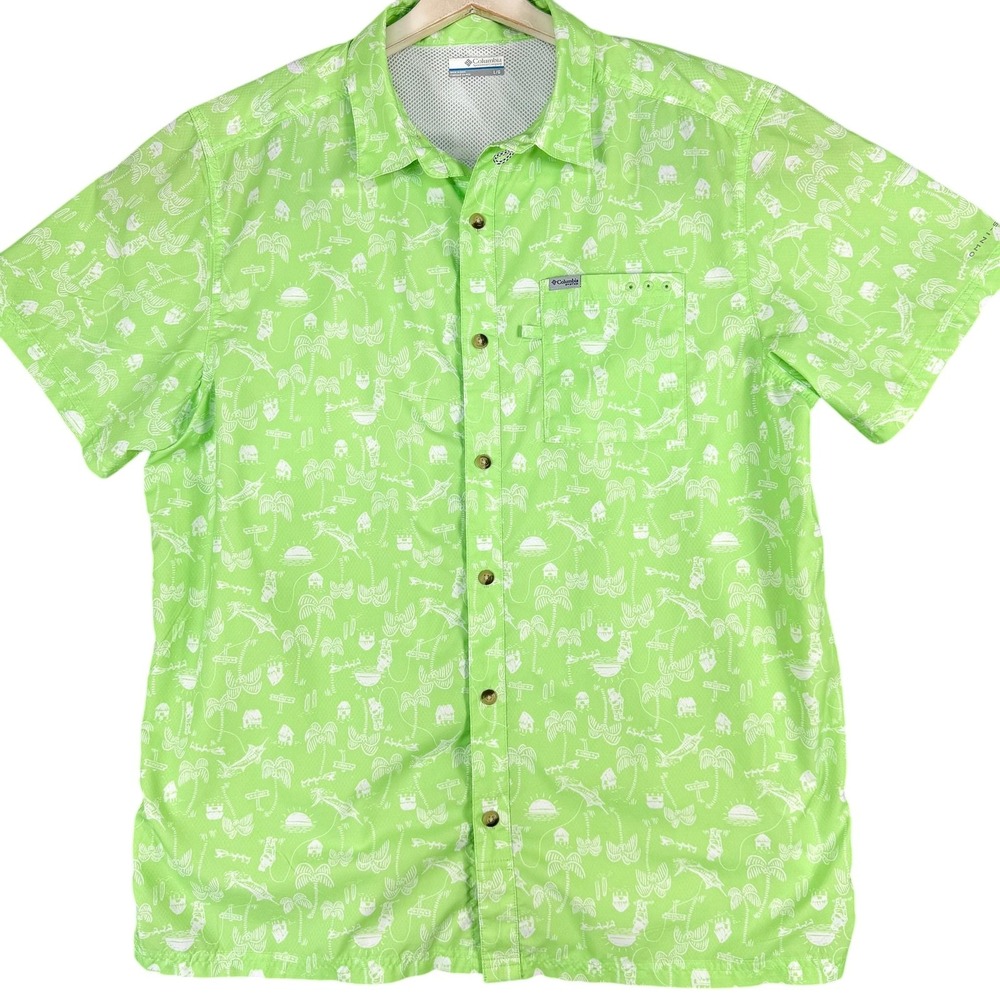 Columbia PFG Shirt Mens Large Green Omni-Shade Tropical Fishing Graphic‎ Print